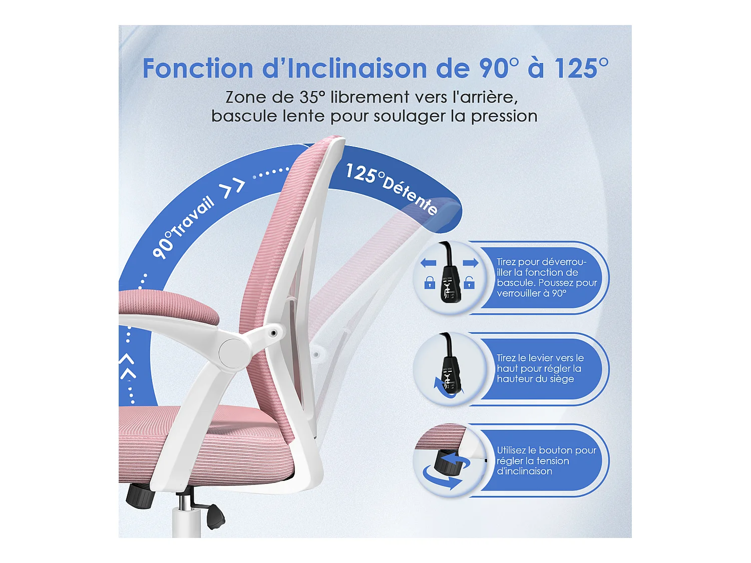 Hiazurm Chaise de Bureau Ergonomique - Chaise de Bureau - Accoudoirs Pliables - Chaises de Bureau pour Adultes - 150 Kg - Rose