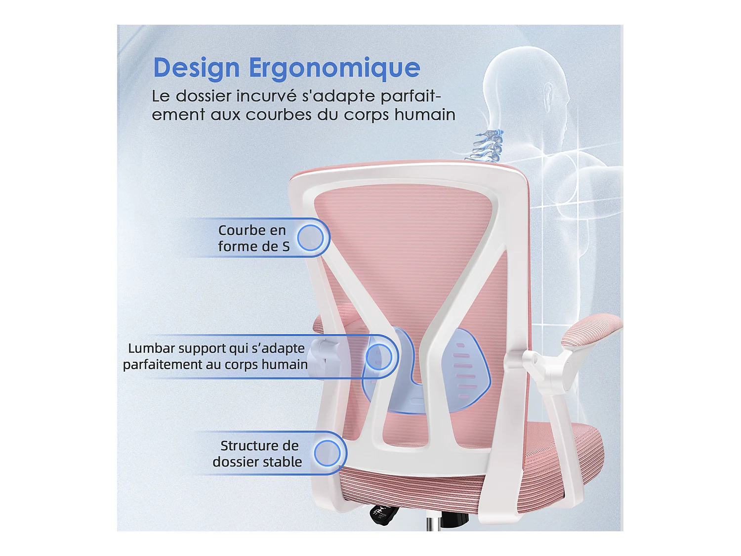 Hiazurm Chaise de Bureau Ergonomique - Chaise de Bureau - Accoudoirs Pliables - Chaises de Bureau pour Adultes - 150 Kg - Rose