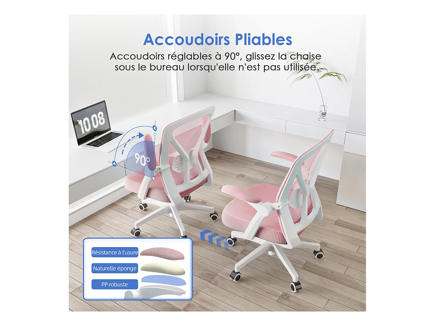 Hiazurm Chaise de Bureau Ergonomique - Chaise de Bureau - Accoudoirs Pliables - Chaises de Bureau pour Adultes - 150 Kg - Rose