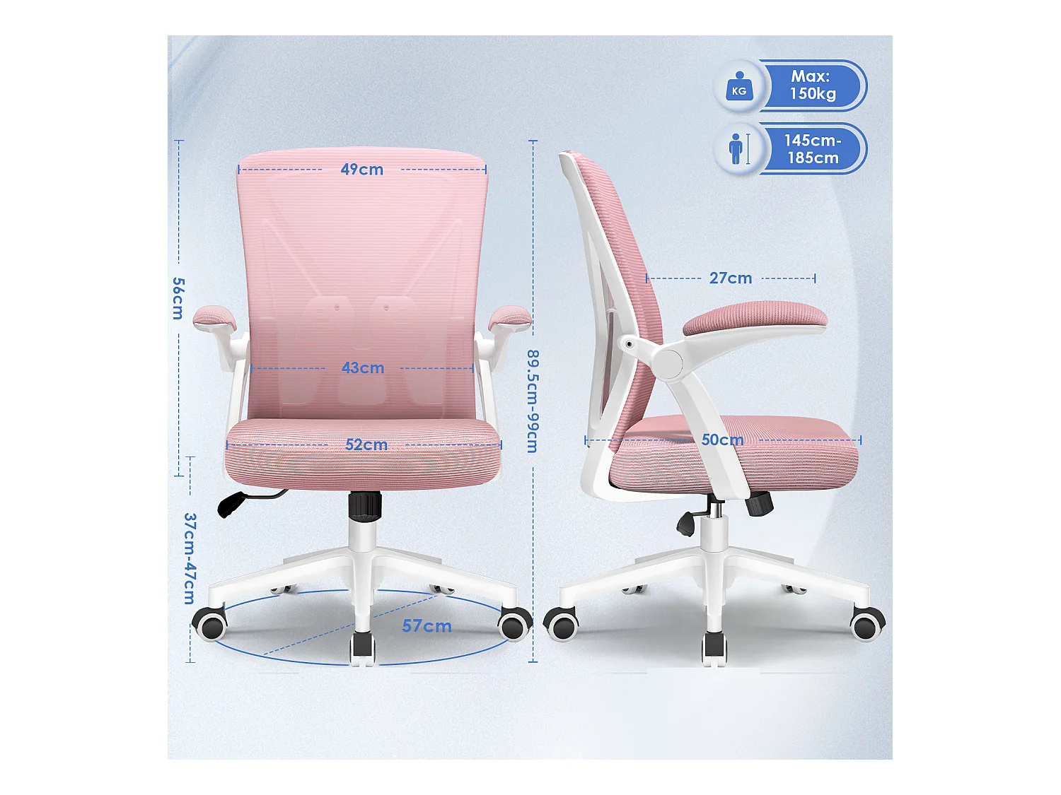 Hiazurm Chaise de Bureau Ergonomique - Chaise de Bureau - Accoudoirs Pliables - Chaises de Bureau pour Adultes - 150 Kg - Rose