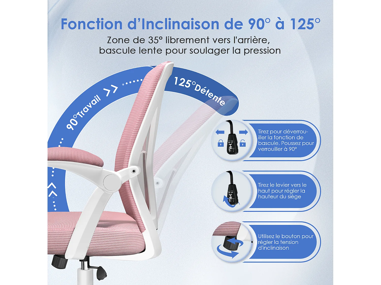 Hiazurm Chaise de Bureau Ergonomique - Chaise de Bureau - Accoudoirs Pliables - Chaises de Bureau pour Adultes - 150 Kg - Rose