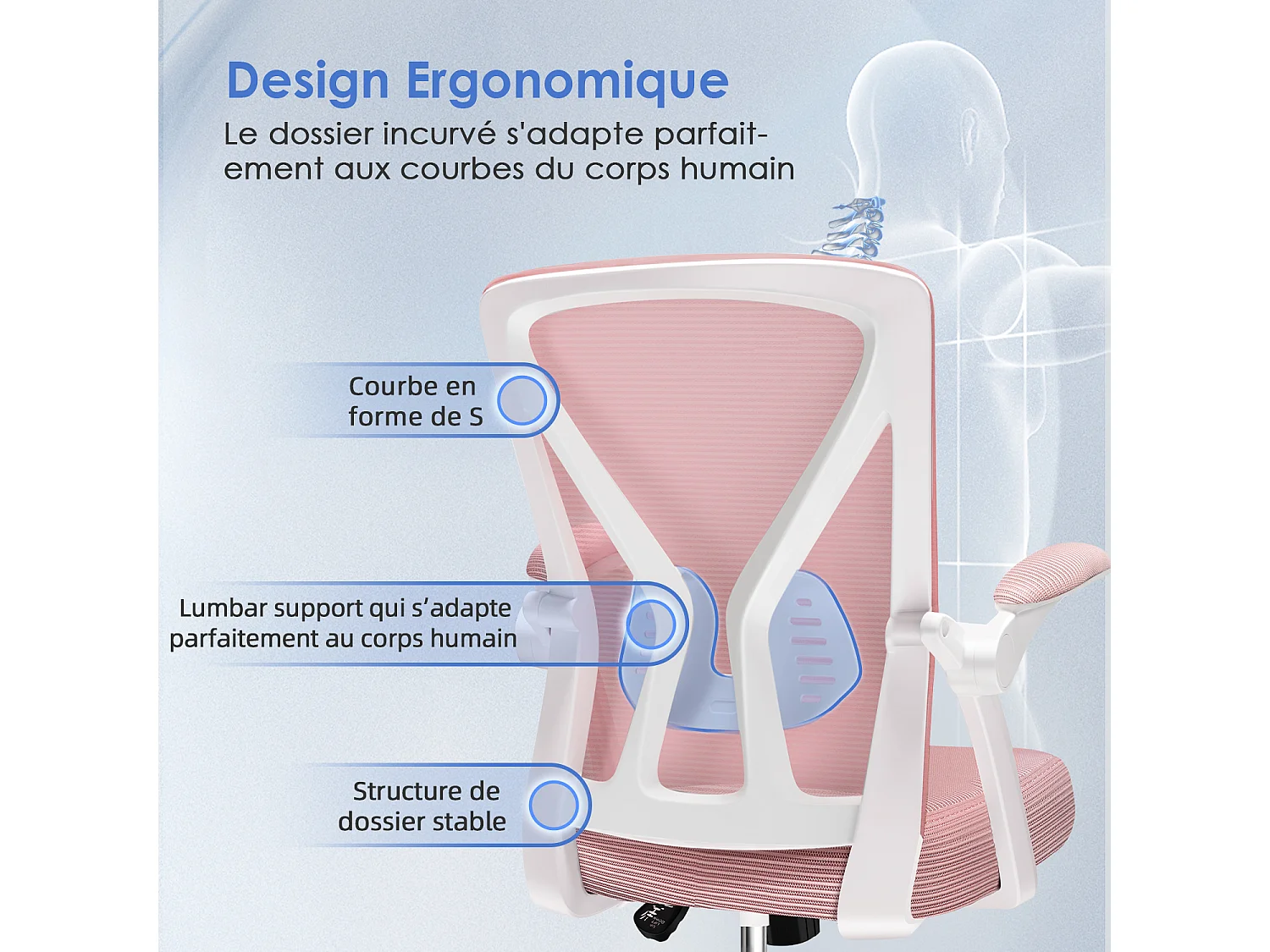 Hiazurm Chaise de Bureau Ergonomique - Chaise de Bureau - Accoudoirs Pliables - Chaises de Bureau pour Adultes - 150 Kg - Rose