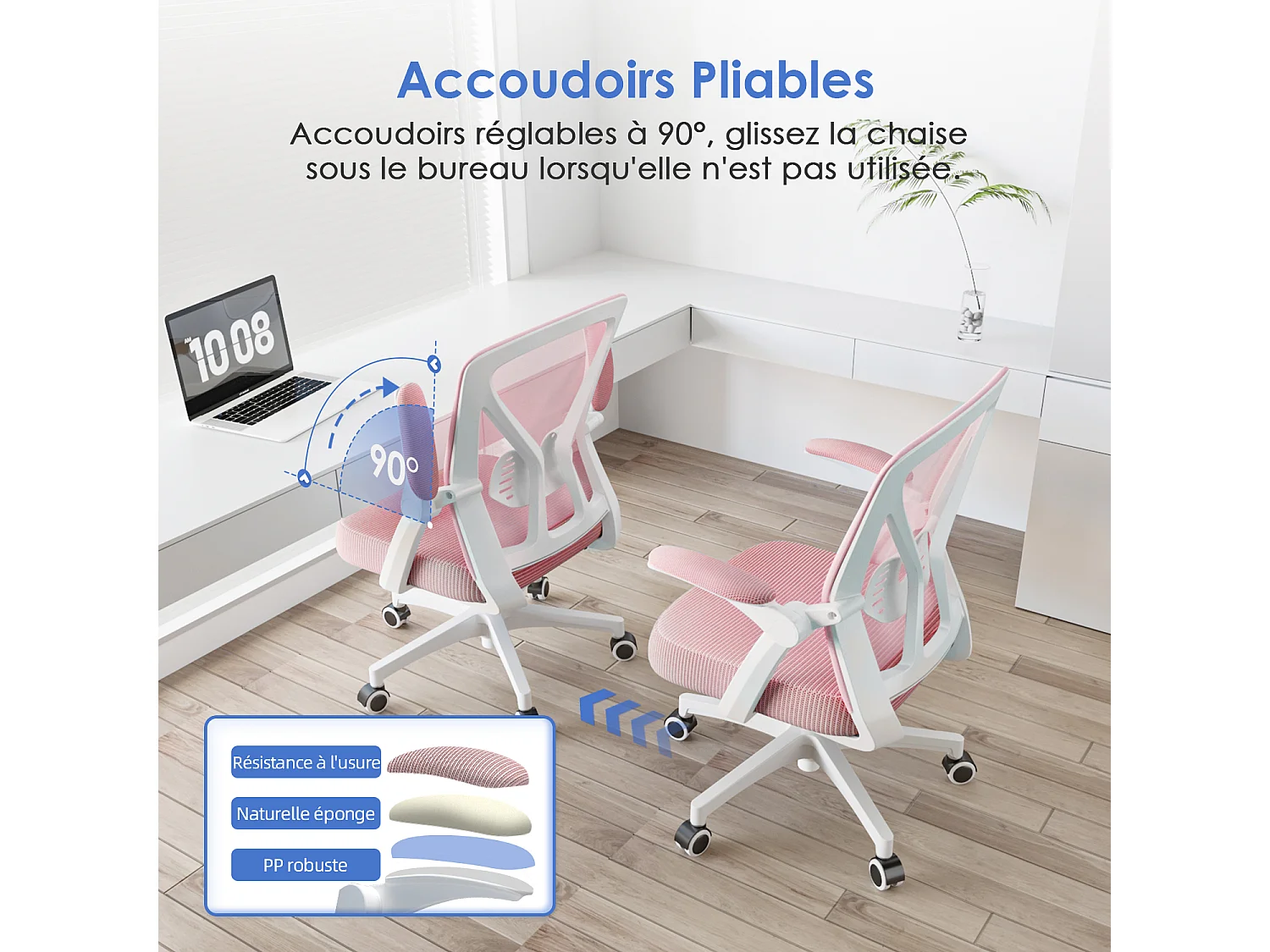 Hiazurm Chaise de Bureau Ergonomique - Chaise de Bureau - Accoudoirs Pliables - Chaises de Bureau pour Adultes - 150 Kg - Rose