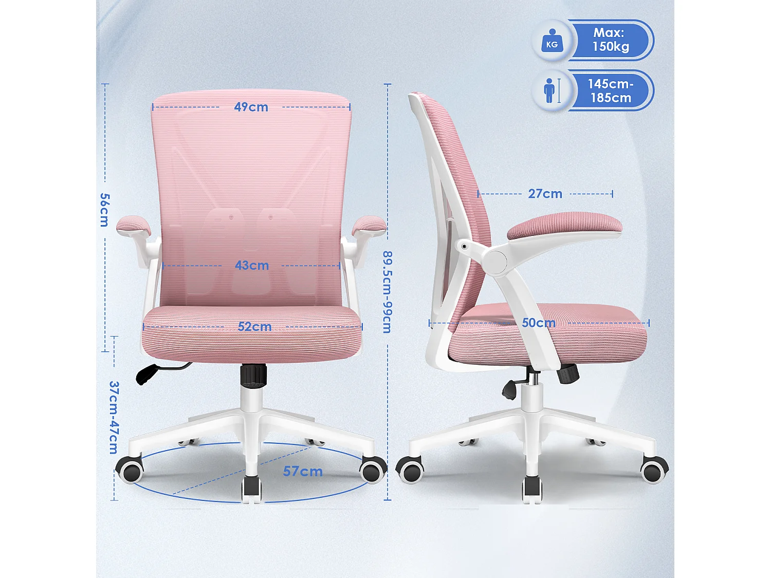 Hiazurm Chaise de Bureau Ergonomique - Chaise de Bureau - Accoudoirs Pliables - Chaises de Bureau pour Adultes - 150 Kg - Rose