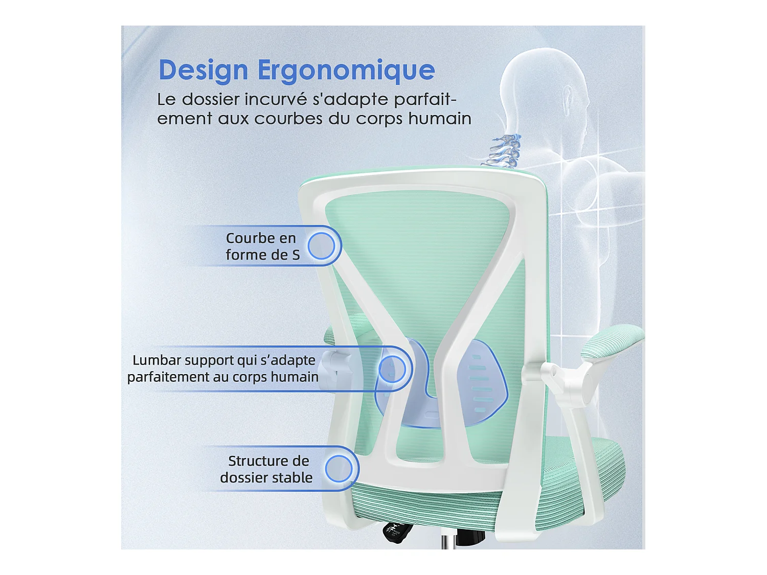 Hiazurm Chaise de Bureau Ergonomique - Chaise de Bureau - Accoudoirs Pliables - Chaises de Bureau pour Adultes - 150 Kg -Turquoise