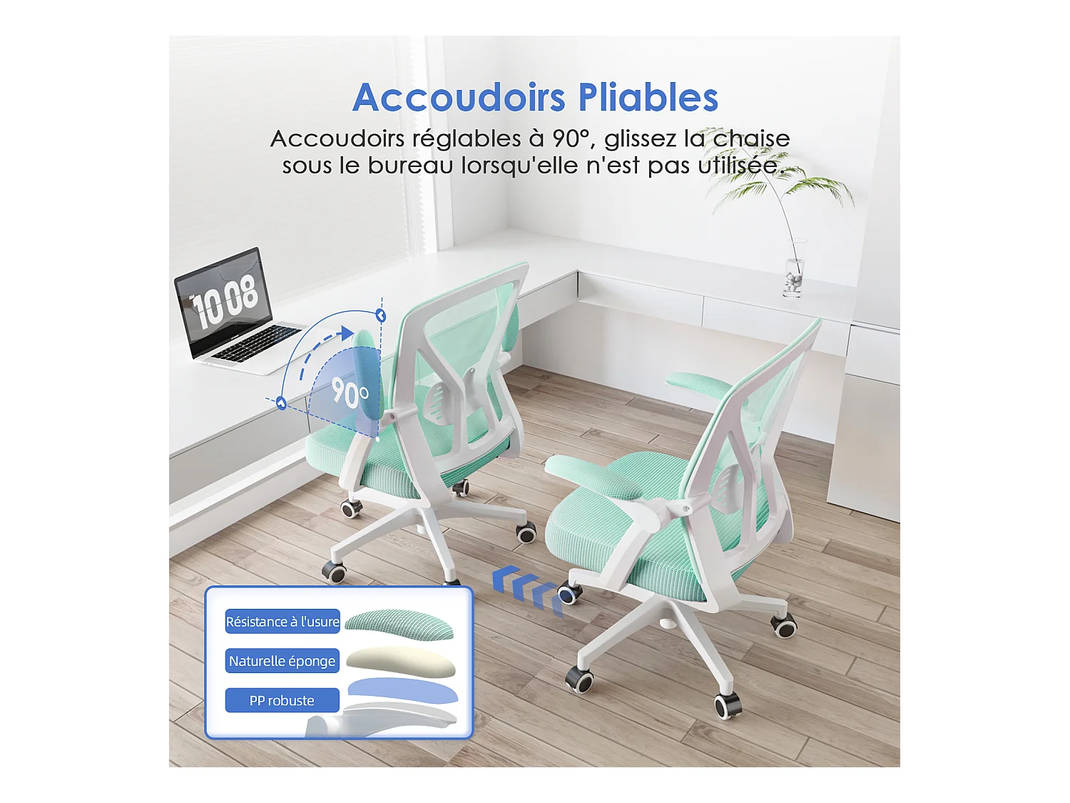 Hiazurm Chaise de Bureau Ergonomique - Chaise de Bureau - Accoudoirs Pliables - Chaises de Bureau pour Adultes - 150 Kg -Turquoise