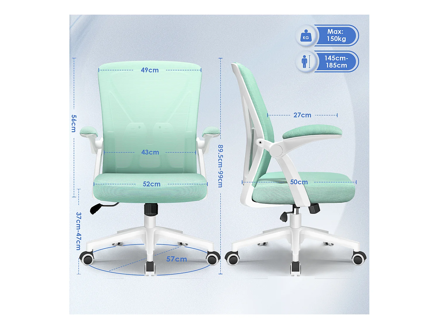 Hiazurm Chaise de Bureau Ergonomique - Chaise de Bureau - Accoudoirs Pliables - Chaises de Bureau pour Adultes - 150 Kg -Turquoise