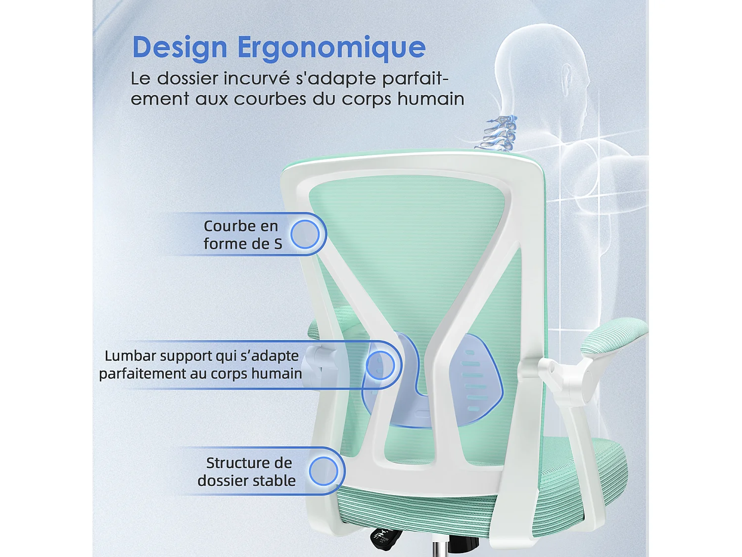 Hiazurm Chaise de Bureau Ergonomique - Chaise de Bureau - Accoudoirs Pliables - Chaises de Bureau pour Adultes - 150 Kg -Turquoise