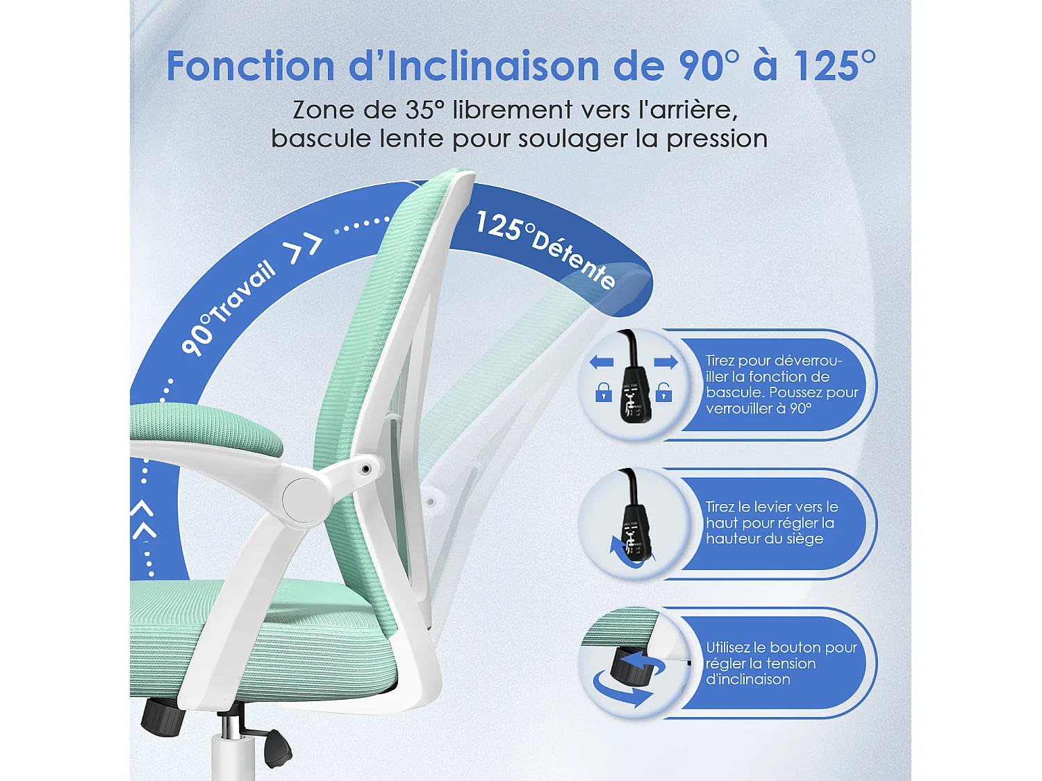 Hiazurm Chaise de Bureau Ergonomique - Chaise de Bureau - Accoudoirs Pliables - Chaises de Bureau pour Adultes - 150 Kg -Turquoise