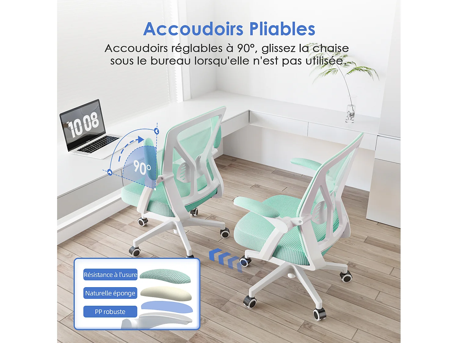 Hiazurm Chaise de Bureau Ergonomique - Chaise de Bureau - Accoudoirs Pliables - Chaises de Bureau pour Adultes - 150 Kg -Turquoise