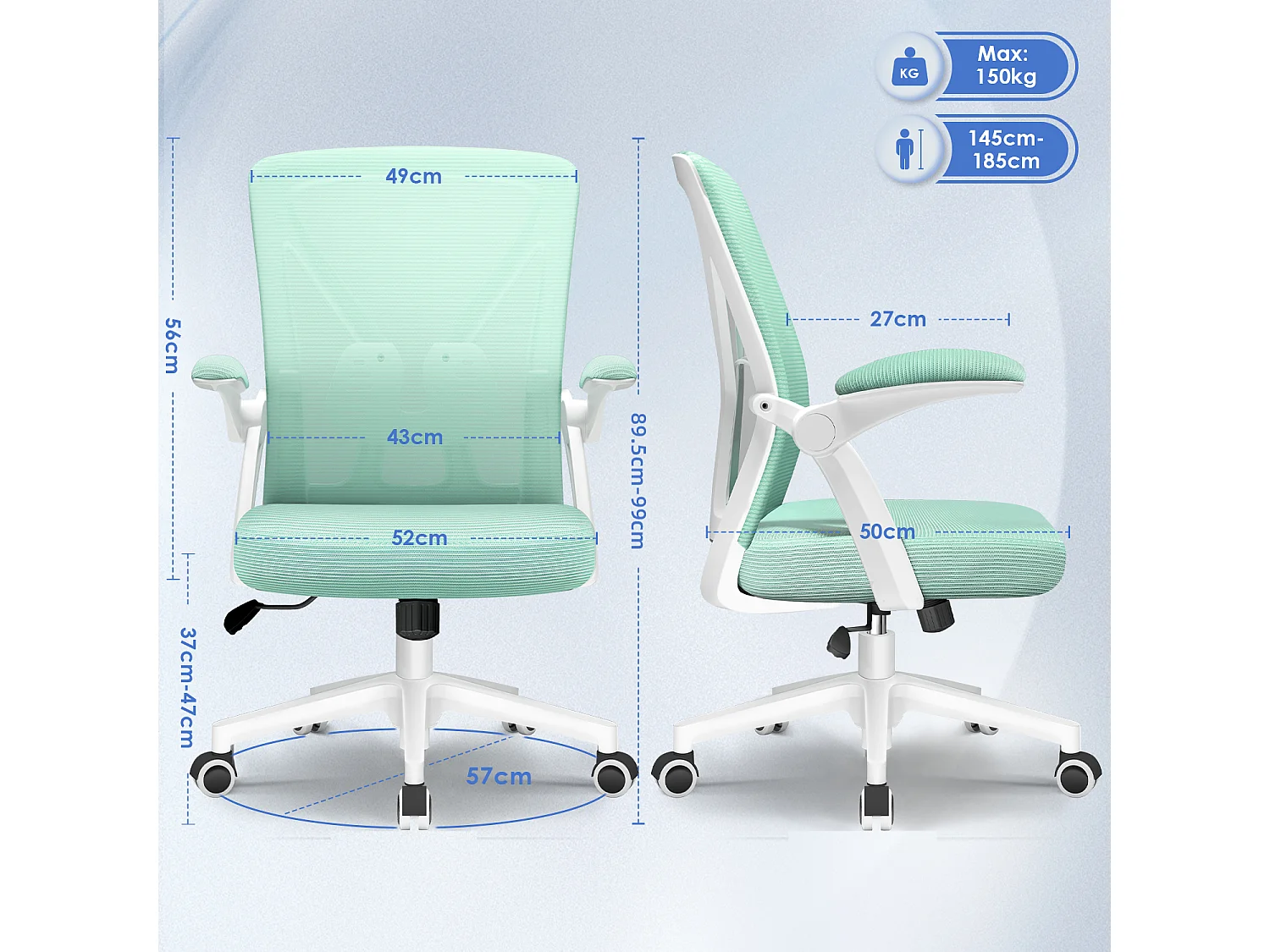 Hiazurm Chaise de Bureau Ergonomique - Chaise de Bureau - Accoudoirs Pliables - Chaises de Bureau pour Adultes - 150 Kg -Turquoise