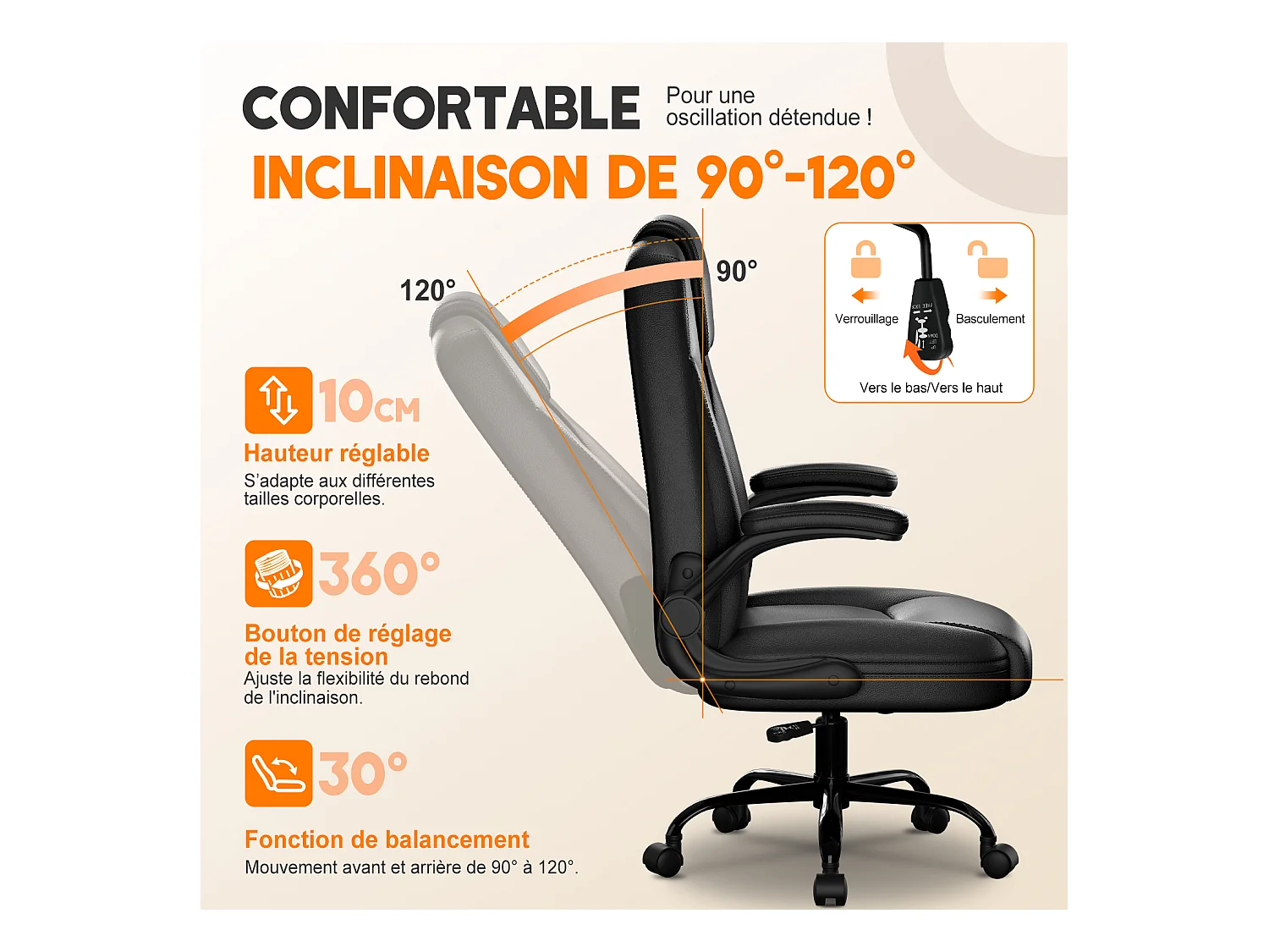 Hiazurm Chaise de Bureau Ergonomique - Chaise de Bureau avec Dossier 90°-120° - Chaises pour Adultes - Accoudoirs Pliables - Chaise de Bureau