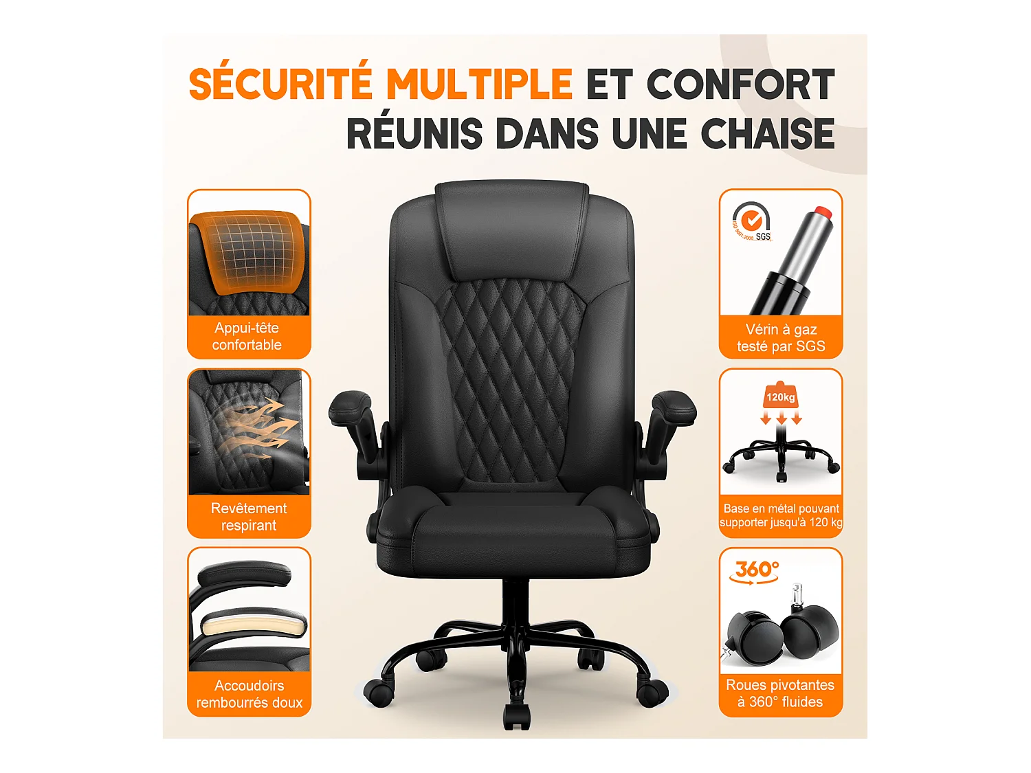 Hiazurm Chaise de Bureau Ergonomique - Chaise de Bureau avec Dossier 90°-120° - Chaises pour Adultes - Accoudoirs Pliables - Chaise de Bureau
