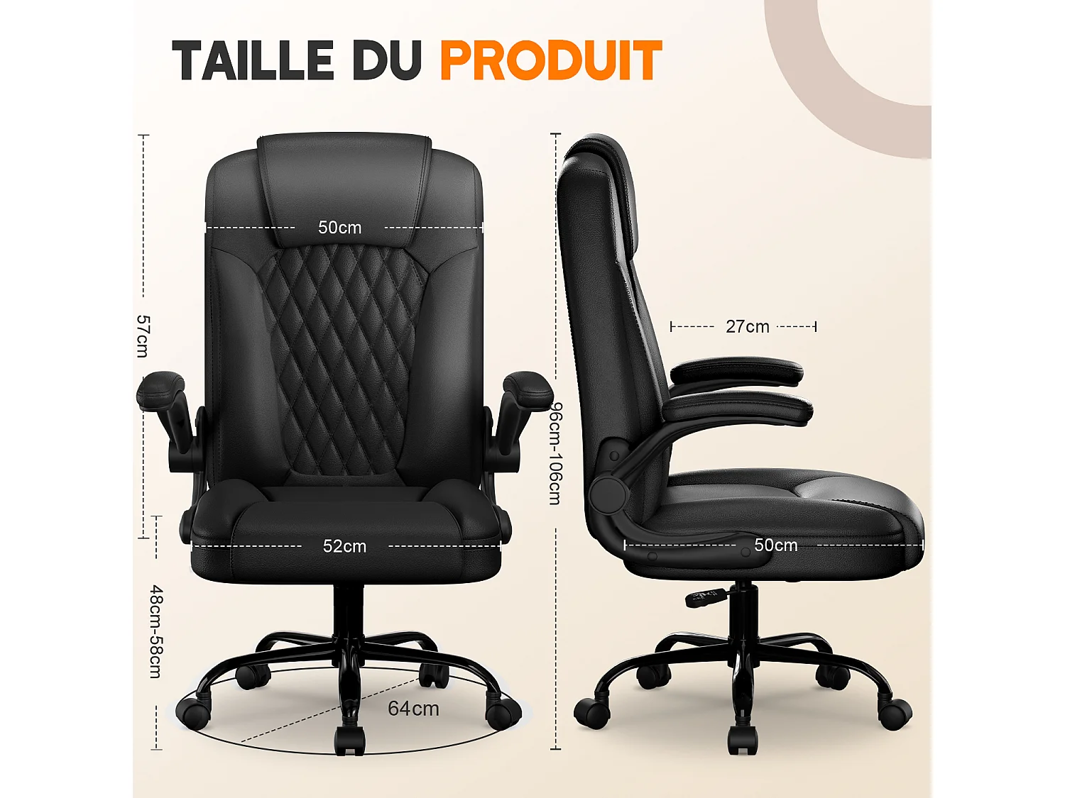 Hiazurm Chaise de Bureau Ergonomique - Chaise de Bureau avec Dossier 90°-120° - Chaises pour Adultes - Accoudoirs Pliables - Chaise de Bureau