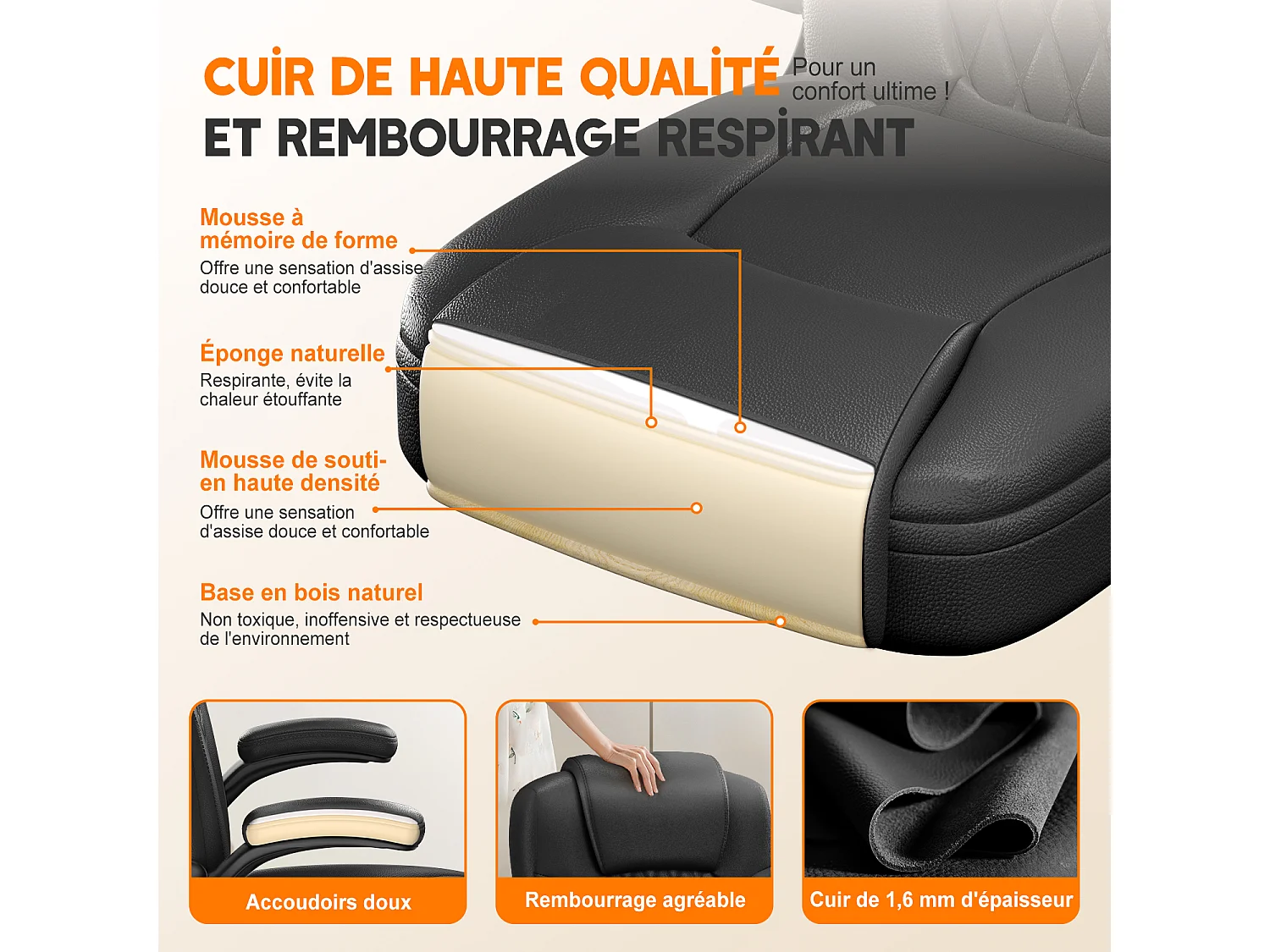 Hiazurm Chaise de Bureau Ergonomique - Chaise de Bureau avec Dossier 90°-120° - Chaises pour Adultes - Accoudoirs Pliables - Chaise de Bureau
