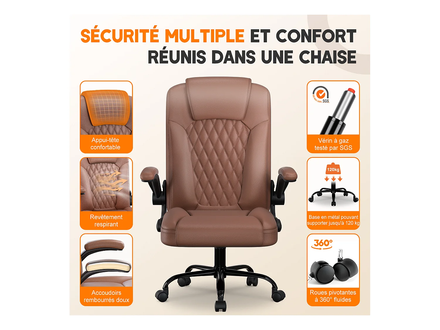 Hiazurm Chaise Ergonomique de Bureau - Chaise de Bureau avec Dossier Réglable de 90° à 120° - Chaises de Bureau pour Adultes - Accoudoirs Pliables