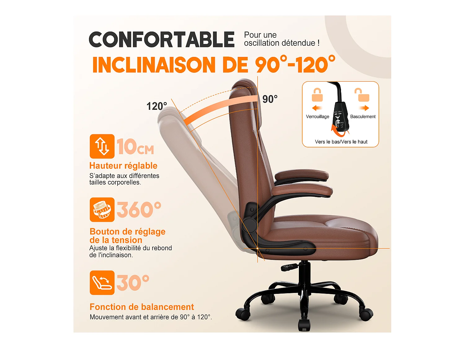 Hiazurm Chaise Ergonomique de Bureau - Chaise de Bureau avec Dossier Réglable de 90° à 120° - Chaises de Bureau pour Adultes - Accoudoirs Pliables
