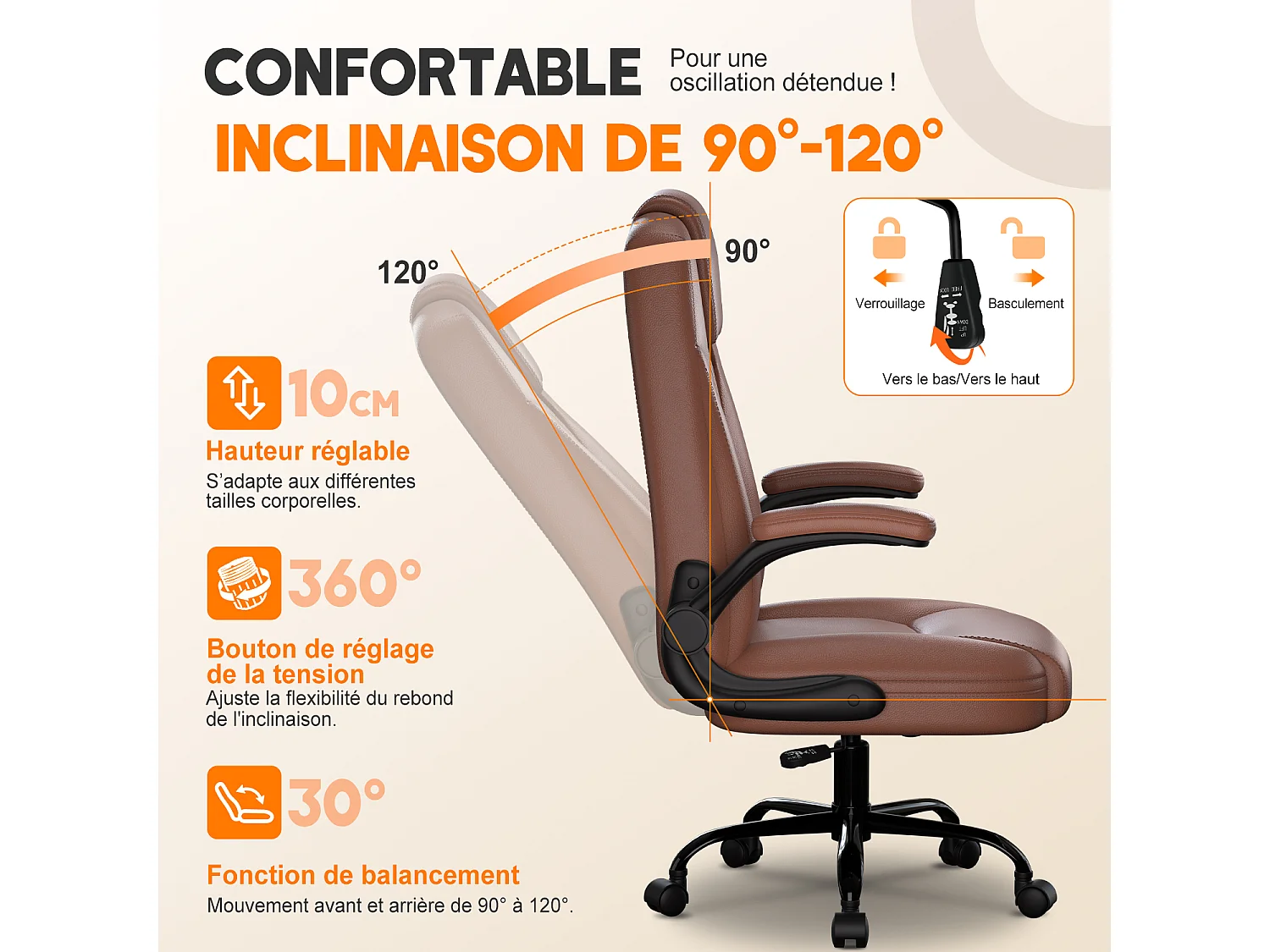 Hiazurm Chaise Ergonomique de Bureau - Chaise de Bureau avec Dossier Réglable de 90° à 120° - Chaises de Bureau pour Adultes - Accoudoirs Pliables