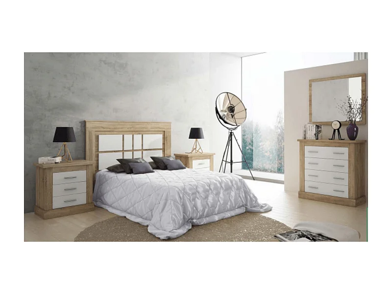 Pack de Dormitorio con Cabecero de 160 x 120 cm + 2 Mesitas de Noche + Cómoda |  Color Cambria y Blanco (para Cama de 135-140 o 160)