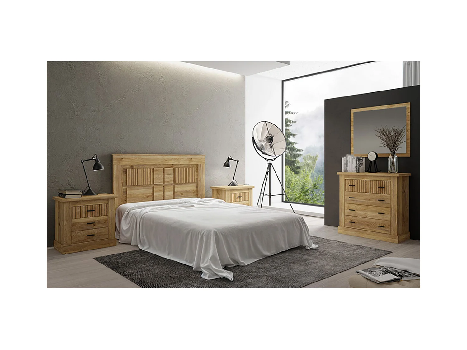 Pack de Muebles de Dormitorio Habitación con Cabecero, 2 Mesitas de Noche 3 Cajones y Cómoda en Color Blanco Mate Mauvella Rayas