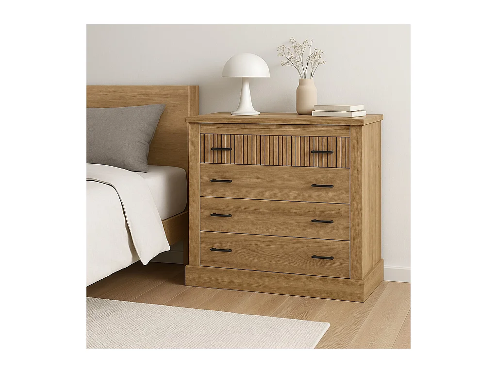 Pack de Muebles de Dormitorio Habitación con Cabecero, 2 Mesitas de Noche 3 Cajones y Cómoda en Color Blanco Mate Mauvella Rayas