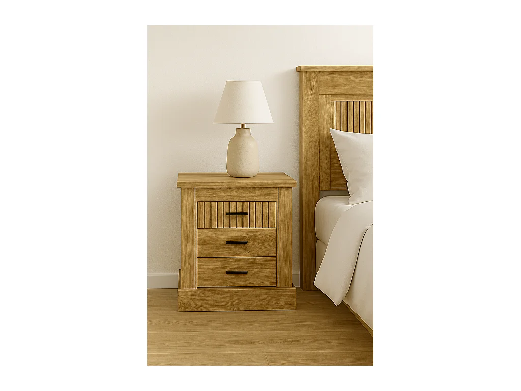 Pack de Muebles de Dormitorio Habitación con Cabecero, 2 Mesitas de Noche 3 Cajones y Cómoda en Color Blanco Mate Mauvella Rayas