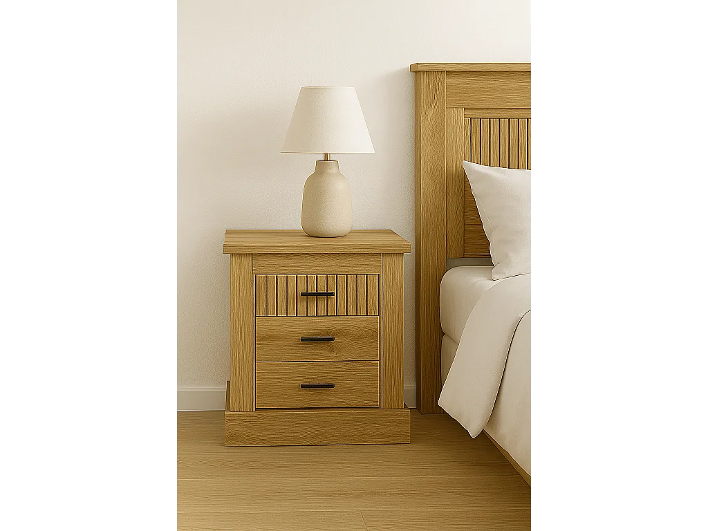 Pack de Muebles de Dormitorio Habitación con Cabecero, 2 Mesitas de Noche 3 Cajones y Cómoda en Color Blanco Mate Mauvella Rayas