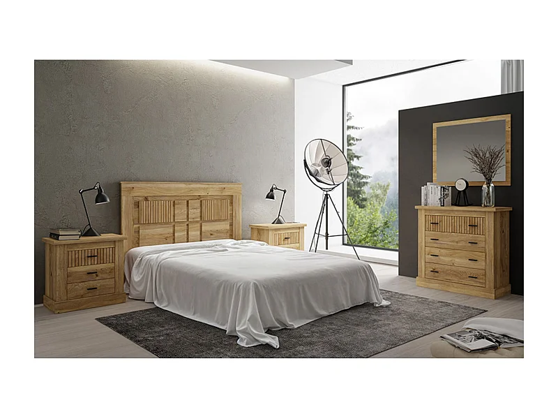 Pack de Muebles de Dormitorio Habitación con Cabecero, 2 Mesitas de Noche 3 Cajones y Cómoda en Color Blanco Mate Mauvella Rayas