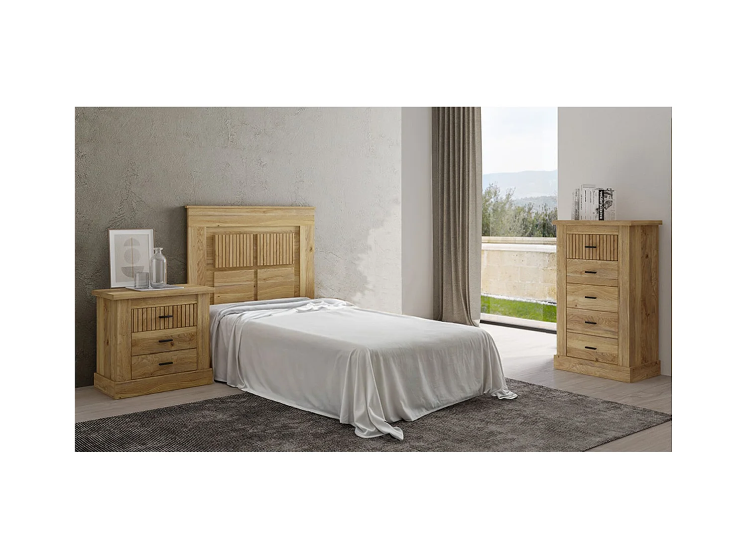 Pack de Muebles de Dormitorio Habitación Infantil con Cabecero, 1 Mesita de Noche 3 Cajones y Sinfonier en Color Blanco Mate Mauvella Rayas