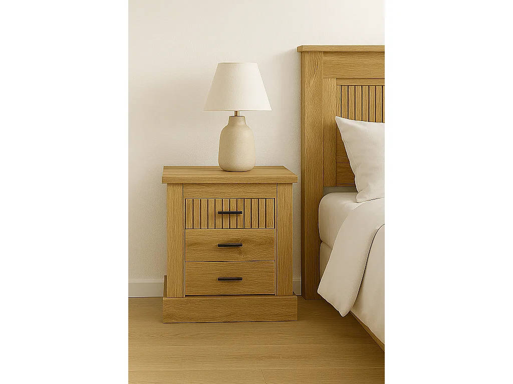 Pack de Muebles de Dormitorio Habitación Infantil con Cabecero, 1 Mesita de Noche 3 Cajones y Sinfonier en Color Blanco Mate Mauvella Rayas