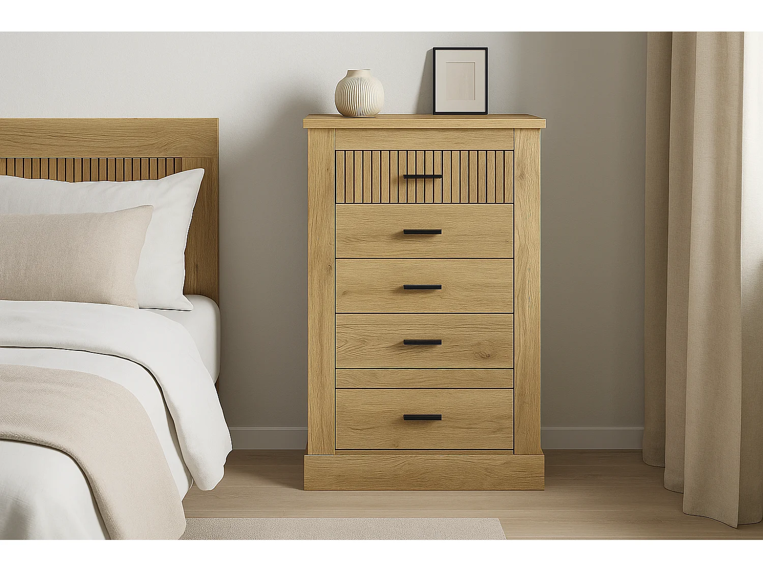 Pack de Muebles de Dormitorio Habitación Infantil con Cabecero, 1 Mesita de Noche 3 Cajones y Sinfonier en Color Blanco Mate Mauvella Rayas