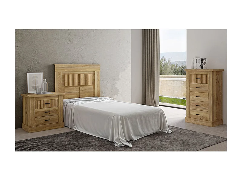 Pack de Muebles de Dormitorio Habitación Infantil con Cabecero, 1 Mesita de Noche 3 Cajones y Sinfonier en Color Blanco Mate Mauvella Rayas