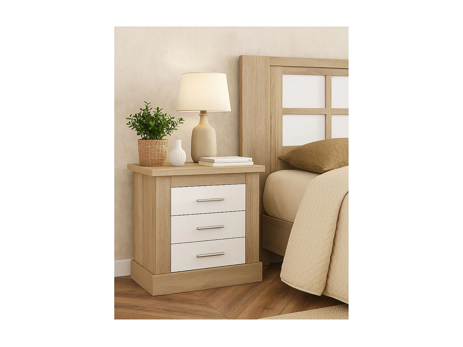 Pack Cabecero Nórdico de 160 x 120 cm + 2 Mesitas de Noche | Práctico y Elegante | Fácil de Montar, Color Cambria y Blanco (para Cama de 135-140, 150