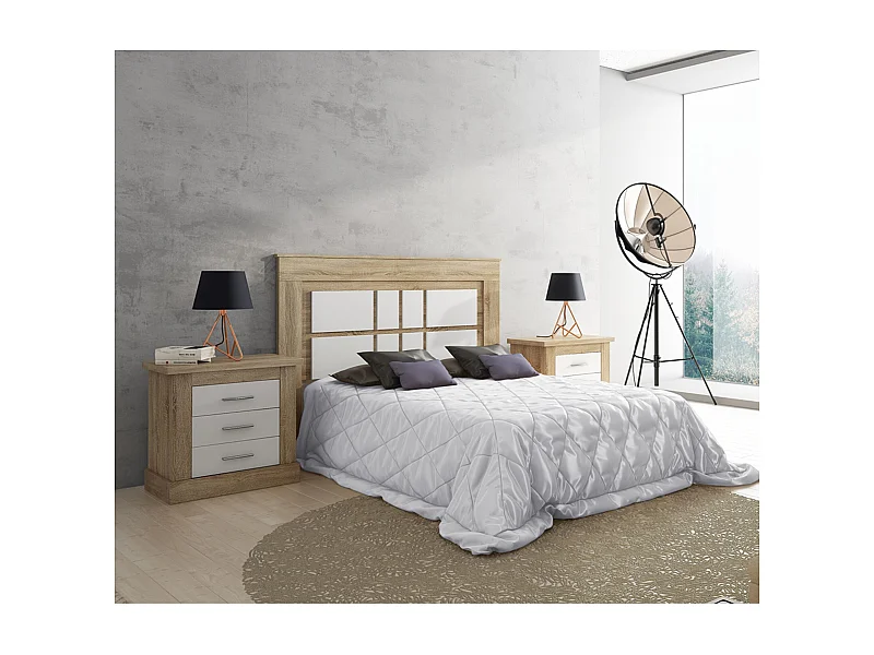 Pack Cabecero Nórdico de 160 x 120 cm + 2 Mesitas de Noche | Práctico y Elegante | Fácil de Montar, Color Cambria y Blanco (para Cama de 135-140, 150