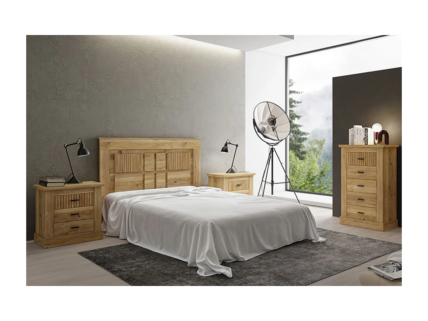 Pack de Muebles de Dormitorio Habitación con Cabecero, 2 Mesitas de Noche 3 Cajones y Sinfonier en Color Blanco Mate Mauvella Rayas