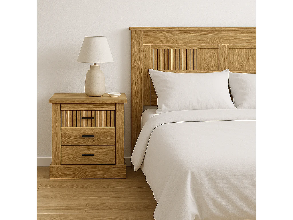 Pack de Muebles de Dormitorio Habitación con Cabecero, 2 Mesitas de Noche 3 Cajones y Sinfonier en Color Blanco Mate Mauvella Rayas