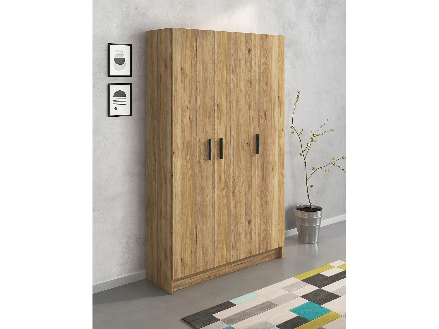 Mueble multiusos Armario Auxiliar Color  Mauvella– 3 Puertas, 4 Baldas y Espacio para Escoba, Madera, Dimensiones 108x180x35 cm.