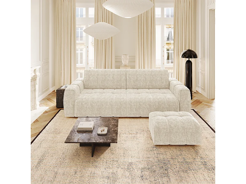Ensemble canapé 4 places et pouf velours chenillé crème BARI