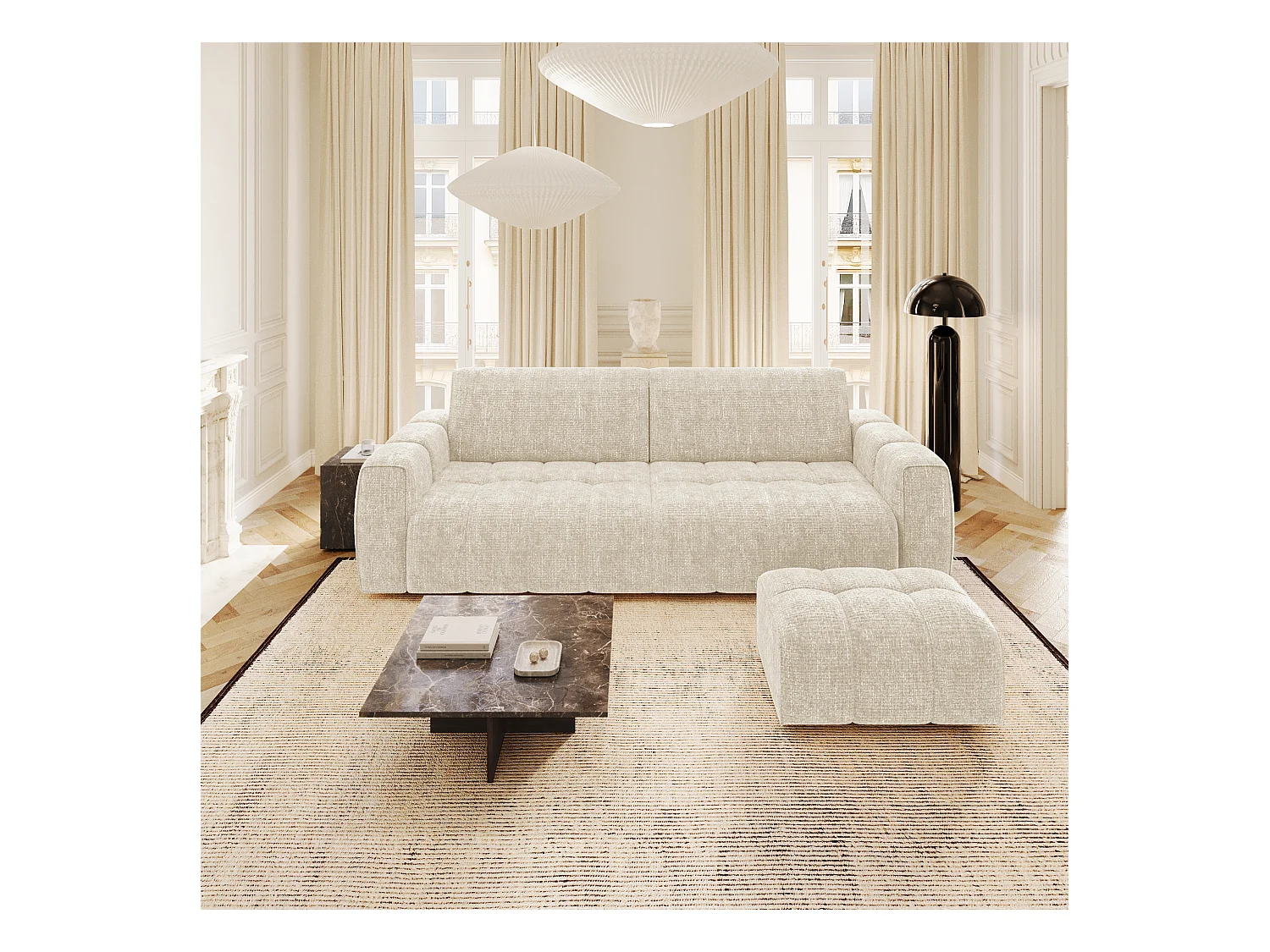 Ensemble canapé 4 places et pouf velours chenillé crème BARI