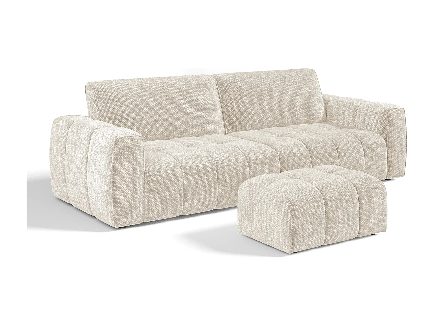 Ensemble canapé 4 places et pouf velours chenillé crème BARI