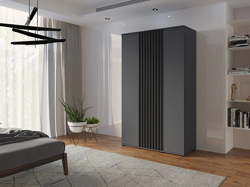 Szafa Otwierana Dwudrzwiowa Z LAMELAMI 120cm x 200cm ANTRACYT| Półki + Wieszak