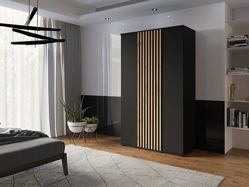 Kleiderschrank mit Lamellen 120cm x 200cm Schwarz | Regale + Kleiderstange