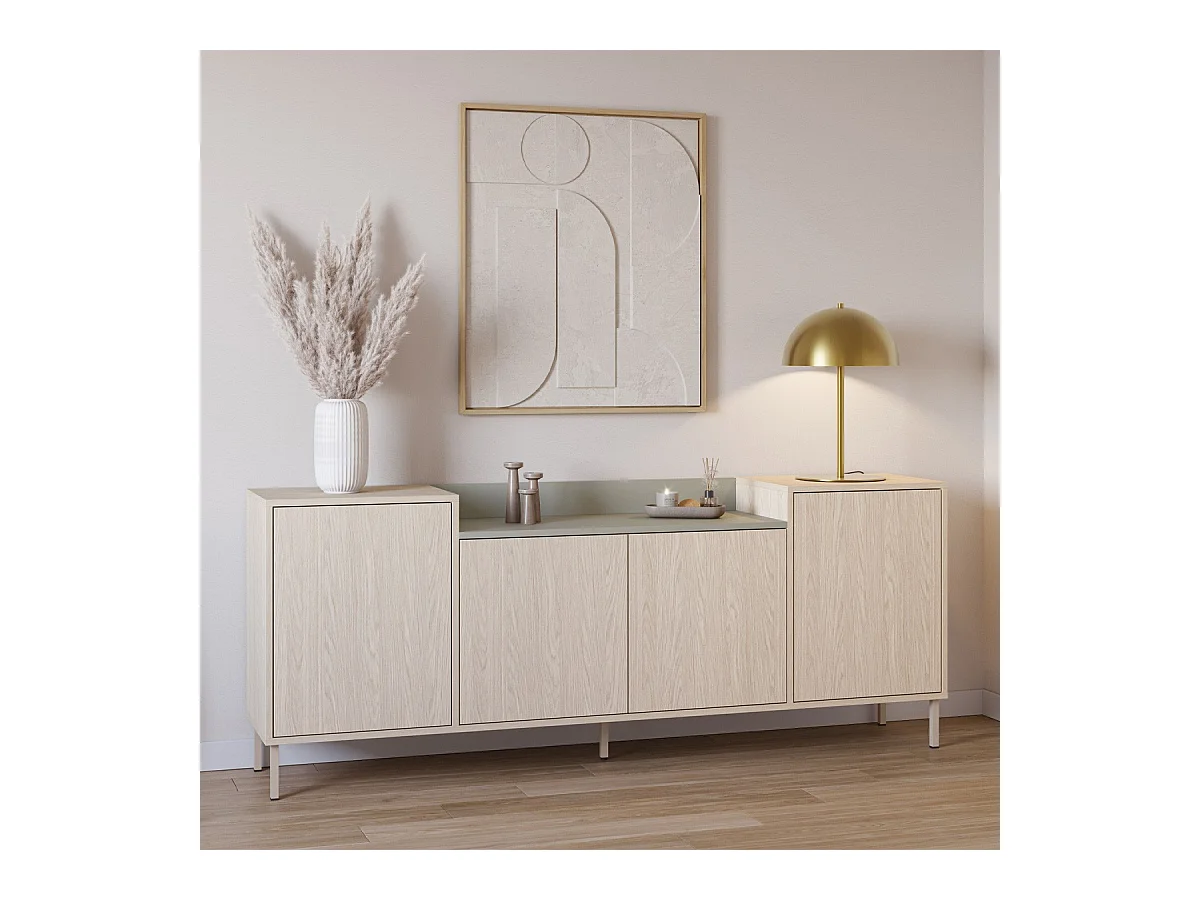 Buffet 4 portes décor chêne clair et vert 200 cm - Amos