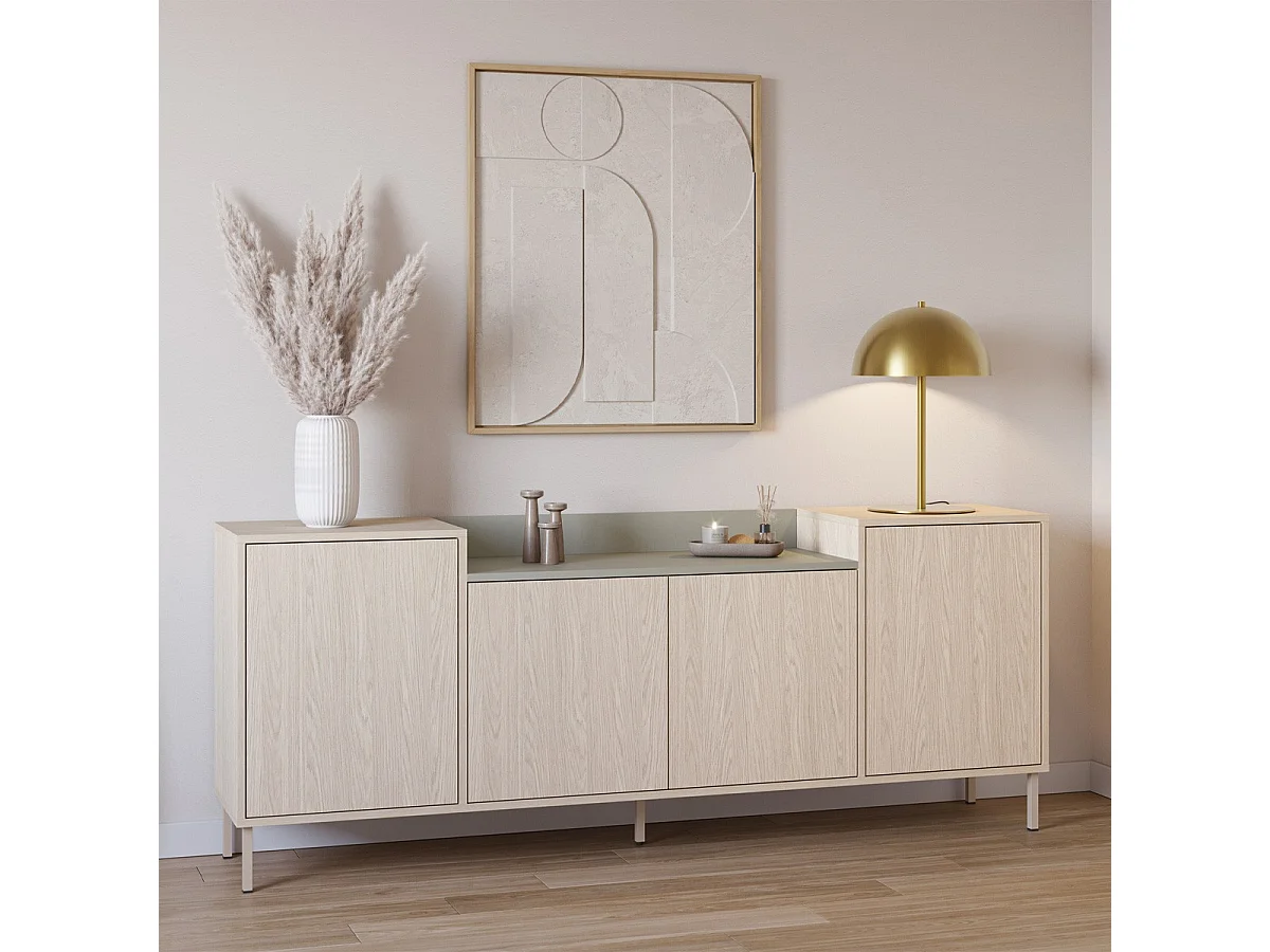 Buffet 4 portes décor chêne clair et vert 200 cm - Amos