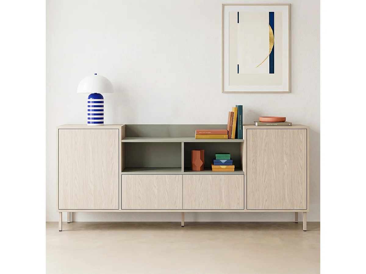 Buffet 4 portes décor chêne clair et vert 200 cm - Amos