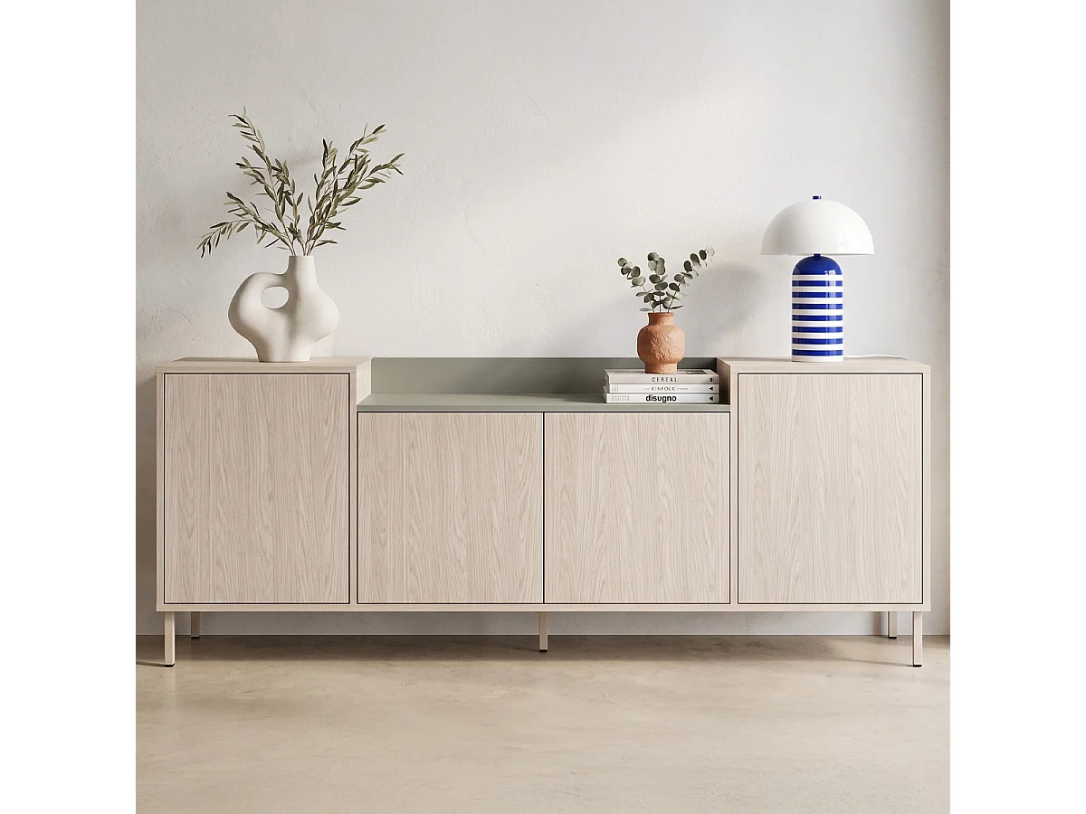 Buffet 4 portes décor chêne clair et vert 200 cm - Amos