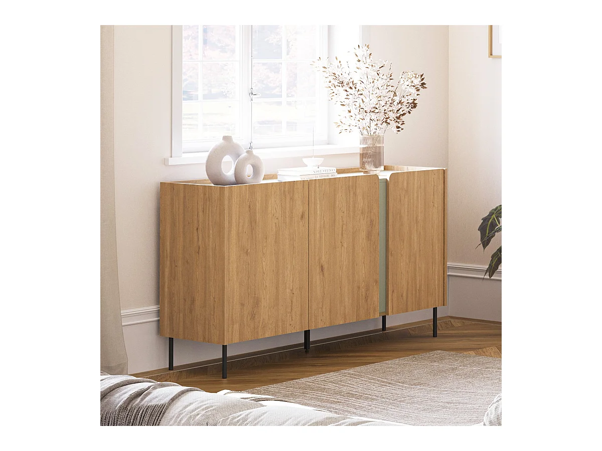 Buffet 3 portes décor chêne et vert 150 cm - Ingo