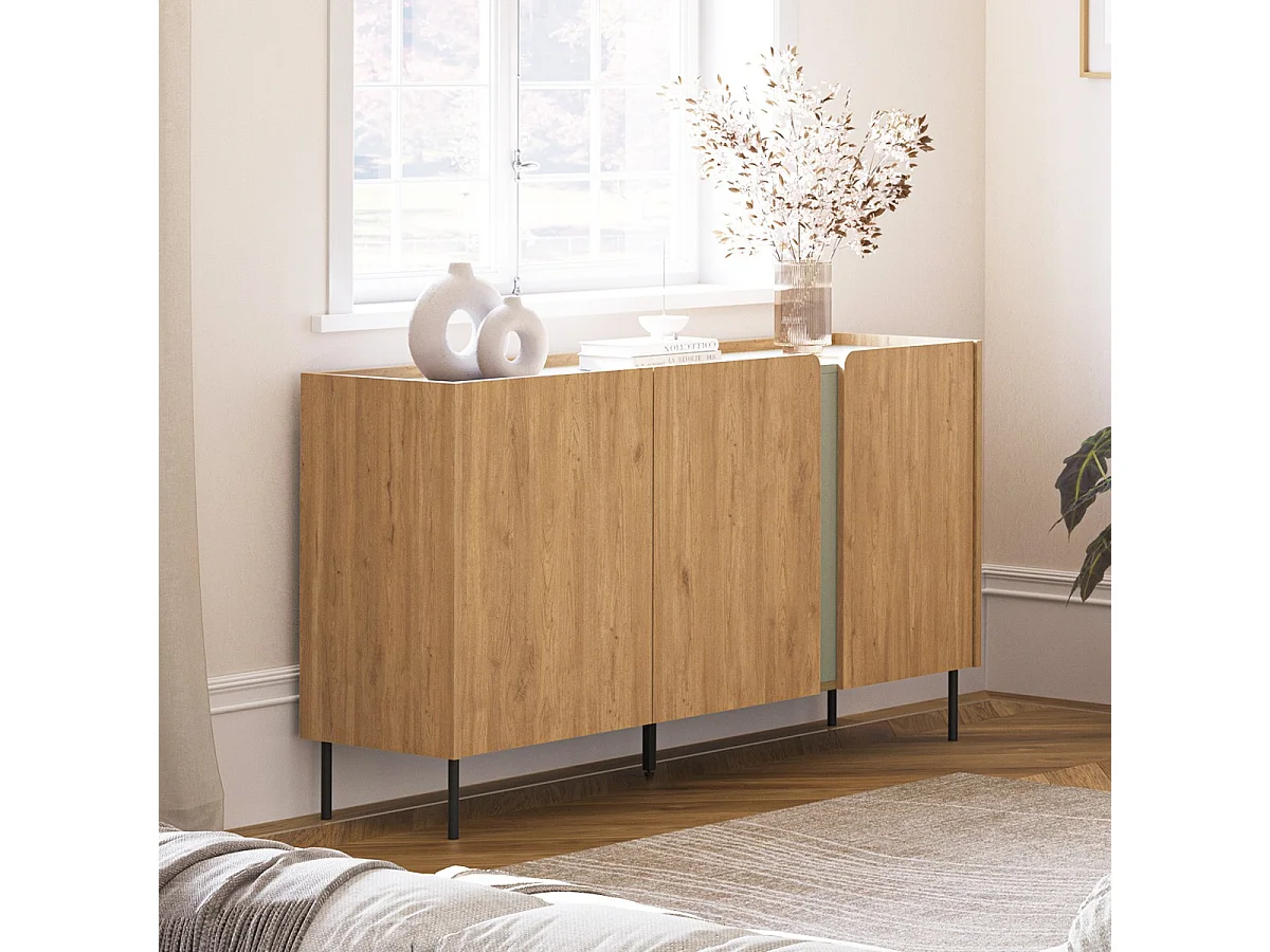 Buffet 3 portes décor chêne et vert 150 cm - Ingo