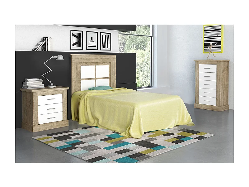 Pack Cabecero de 110 x 120 cm + 1 Mesita de Noche + Sinfonier | Dormitorio Juvenil | Color Cambria y Blanco (para Cama de 135-140 o 160)