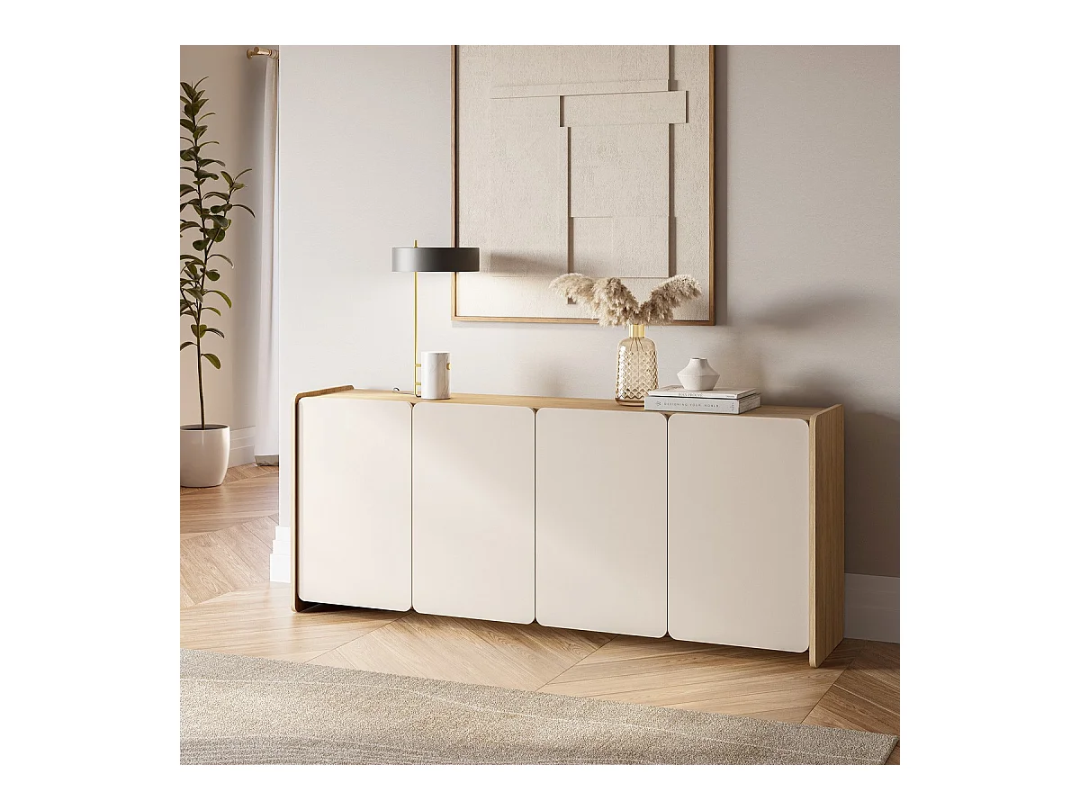 Buffet 4 portes beige et décor chêne 180 cm - Sami
